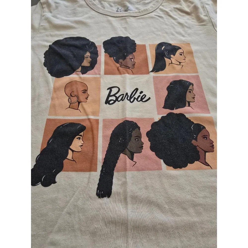 Women's Barbie Soft Beige Short Sleeve Tee Graphic Print Streetwear Casual Large